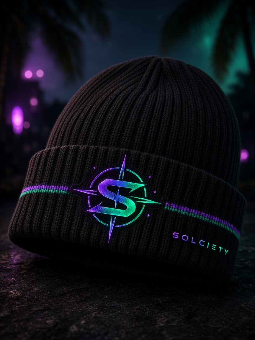 Black rib-knit beanie with an embroidered Solana purple-to-green compass and SOLCIETY cuff mark