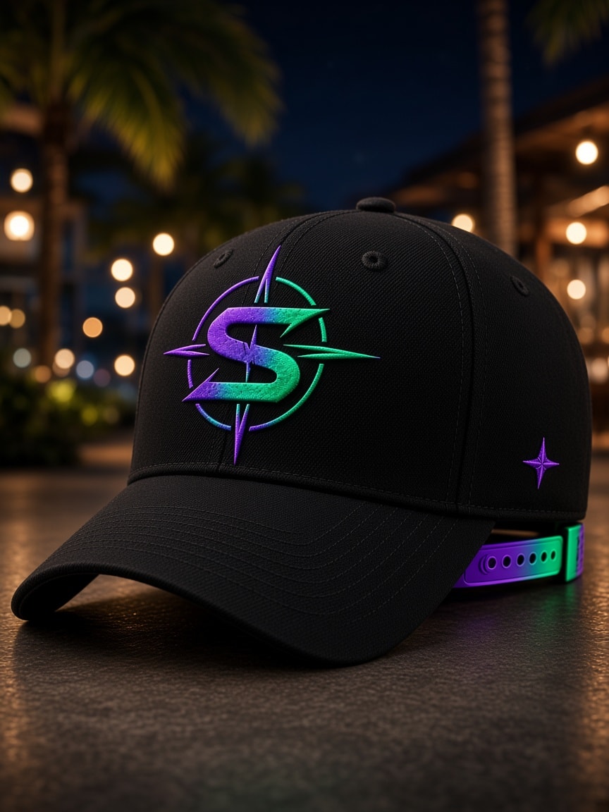 Black structured cap with a raised purple-to-green compass embroidery and spectrum strap